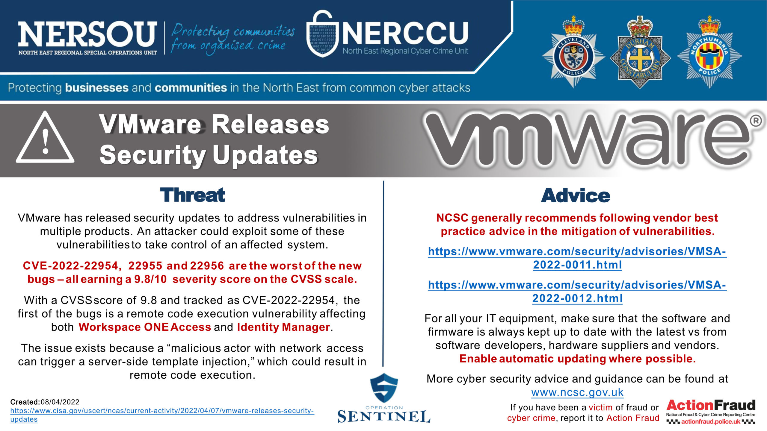 Notification 20220408 VMware Releases Security Updates